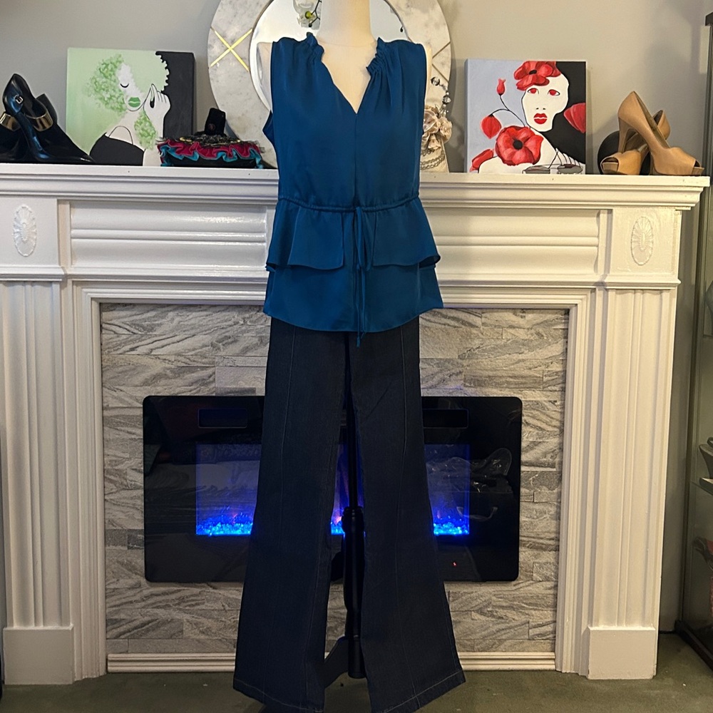 Cynthia Steffe peacock blue sleeveless peplum top, Bluenotes flair jeans